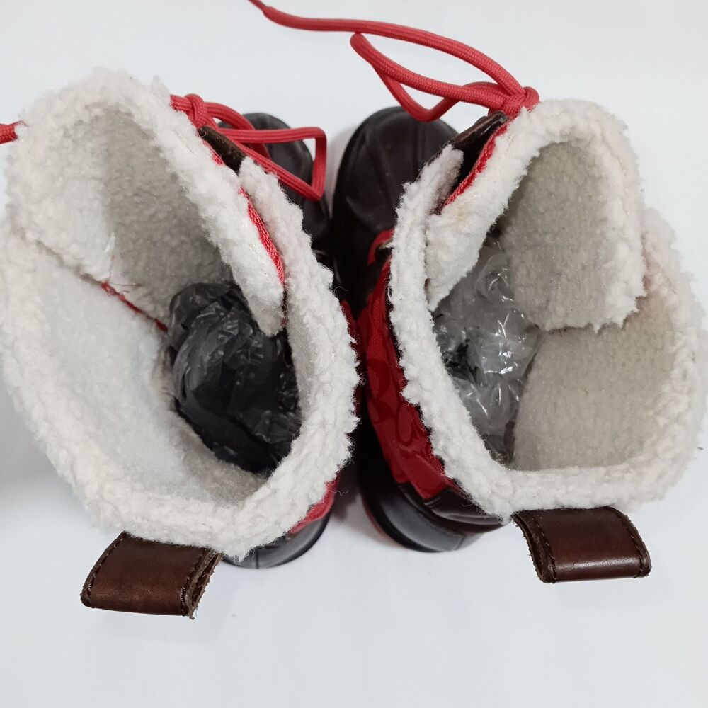 Coach Women's Laura Boots Size 6B Red And Brown Logo Sherpa Lined Lace Up - Picture 7 of 9